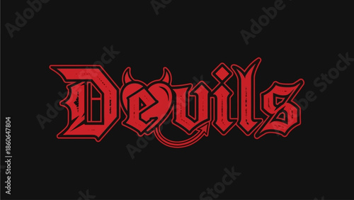 Bold red Devils text with devil horns on black background