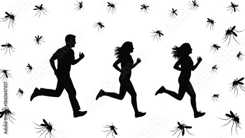 People running from mosquitoes silhouettes, insect attack danger concept, outdoor health risk fear reaction, black figures isolated on white