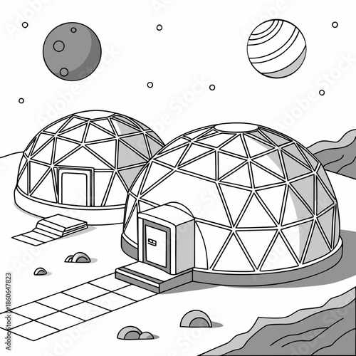 Two geodesic domes in a desert landscape