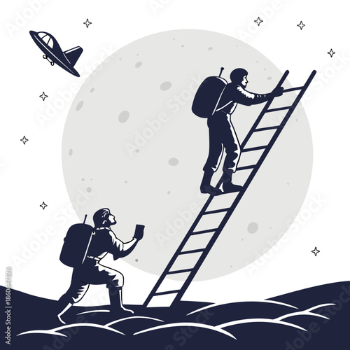 Astronauts climbing ladder on moon surface