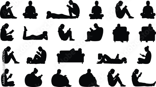 People reading book silhouettes collection showing men and women relaxing on sofa, floor, bean bag, studying poses isolated white background
