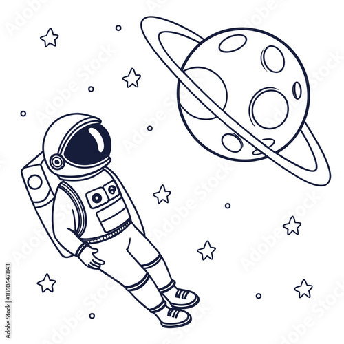 Astronaut floating in space next to saturn