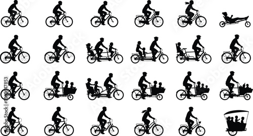People riding bicycles silhouettes collection, urban cycling and family transport concept, men women and children biking isolated on white background