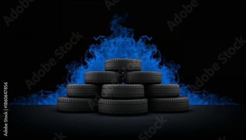 Stack of Black Tires Surrounded by Blue Smoke in a Dark Setting