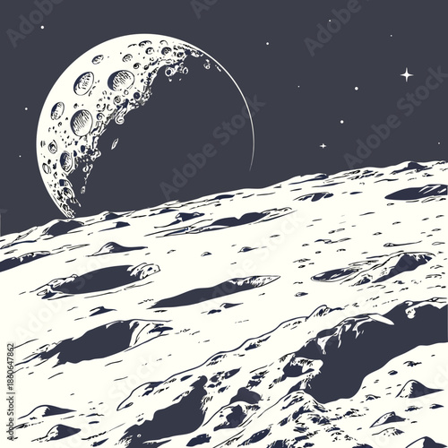 Moon rising over cratered landscape