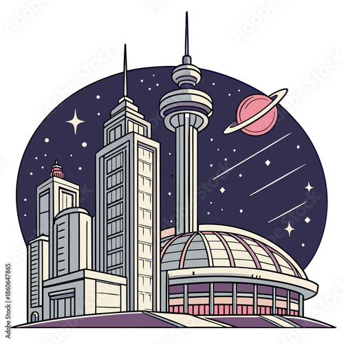 Illustrated cityscape with space elements