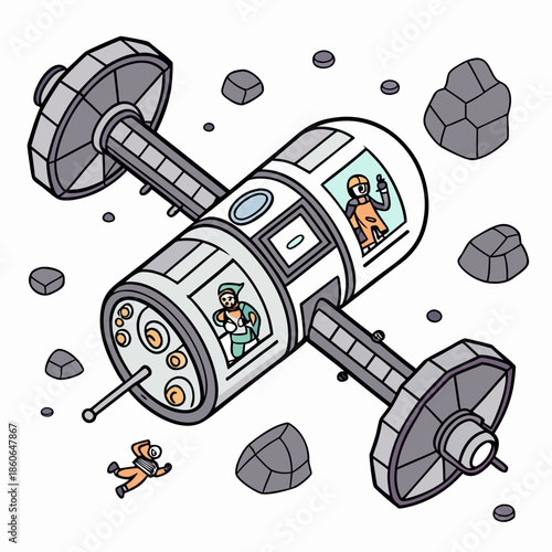 Astronauts conducting maintenance on space station