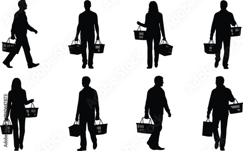 People shopping silhouettes carrying baskets, grocery store customers walking, retail lifestyle concept, supermarket buyers, everyday activity, black vector illustration