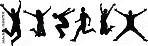 People silhouettes jumping with joy and energy, group of happy human figures in dynamic poses, celebration lifestyle illustration isolated on white background