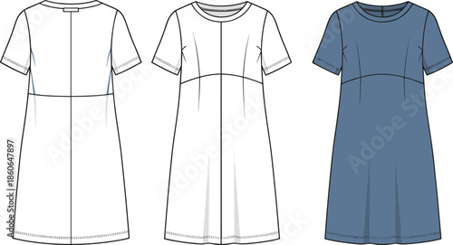 Women short sleeve casual dress technical fashion illustration with front back and color views, seam details, modern everyday apparel sketch