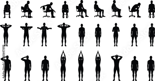 People sitting standing silhouettes set, office chair postures, human body positions, working resting poses, black vector illustration collection