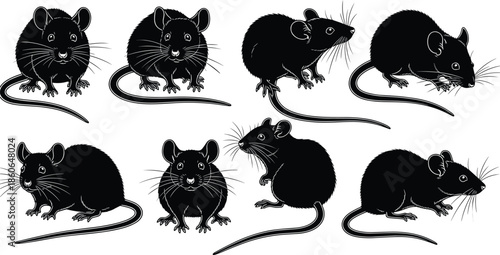 Rat silhouette illustration set, black mouse drawings, rodent poses collection, animal wildlife design, pest control concept, vector art