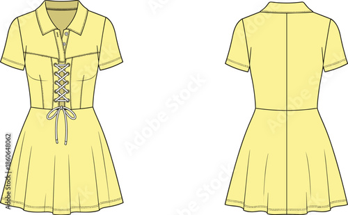 Women short sleeve collared dress technical fashion illustration with front and back views, lace up waist detail, flared skirt, modern casual apparel