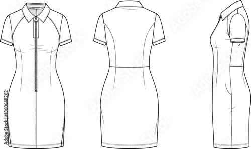 Women short sleeve fitted shirt dress fashion technical illustration with front zipper collar front back side views
