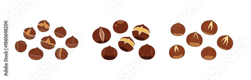 An assortment of fresh brown chestnuts, some whole and some cracked open, displayed on a clean white background.
