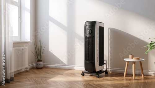 Fan Placed in a Bright Room With Sunlight Streaming Through the Window in the...