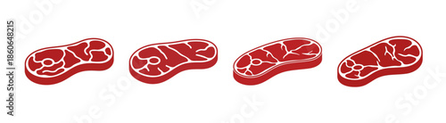 Four raw steaks with visible marbling and fat, presented in a row against a white background.