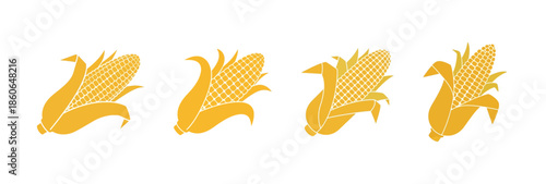 A row of four yellow corn cobs with husks, presented in a simple, graphic style against a white background.