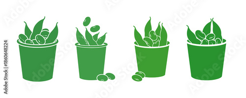 Four green icons depicting cups filled with green beans and leaves, with some beans scattered outside the cups.