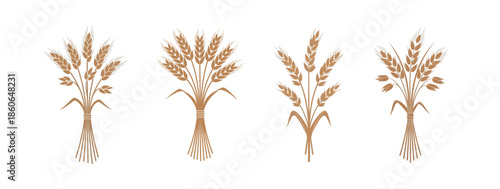 Four stylized illustrations of golden wheat bundles, representing agriculture, harvest, and natural food sources.