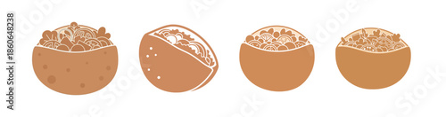 Four illustrations of halved coconuts filled with shredded coconut meat, showcasing different textures and amounts of filling.