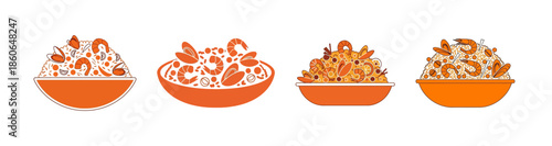 Four stylized illustrations of bowls filled with rice and shrimp, presented in a row against a white background.