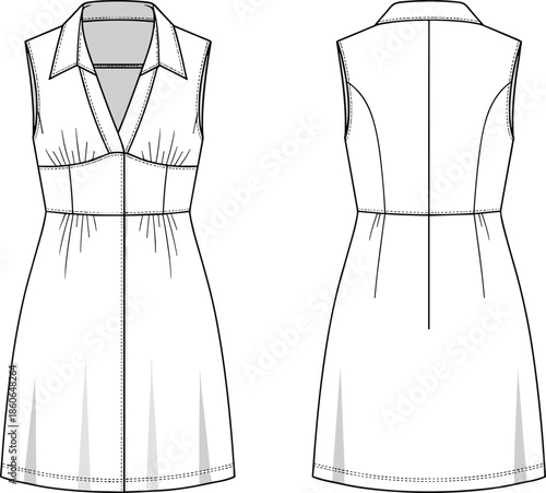 Women sleeveless collared dress technical fashion illustration showing front and back views, tailored waist seams, modern classic apparel flat sketch
