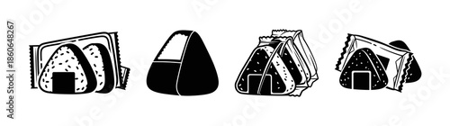 A collection of various onigiri illustrations in a simple black and white line art style, showcasing different forms and wrappings.