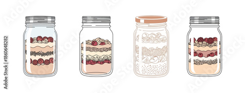 Four layered desserts in glass jars with metal lids, showcasing different ingredients like berries and grains.