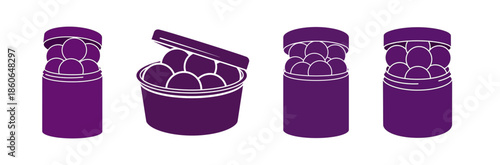 Four purple jars filled with round objects, one jar is open showing the contents.