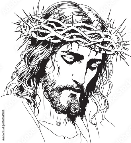 Jesus Christ Portrait Black and White Line Art Vector Illustration of Suffering and Faith
