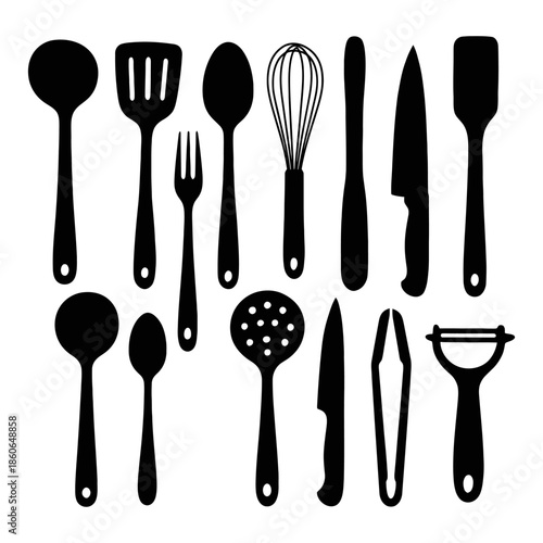 Collection of kitchen utensils silhouettes, cooking tools and cutlery icons set.