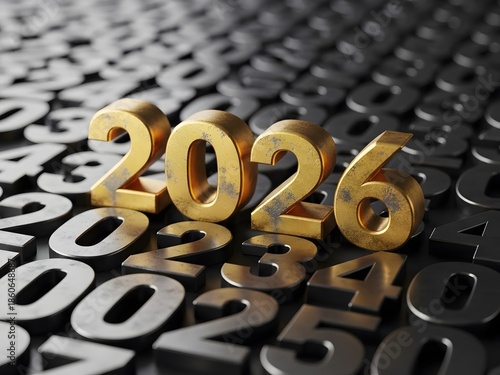 Golden 2026 New Year 3D Text on Black Numbers Background, Luxury Business Future Success Concept