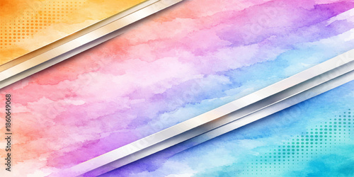 Abstract colorful watercolor background featuring a stack of blank school books and a pen on a paper notebook with copy space for business education or office work information