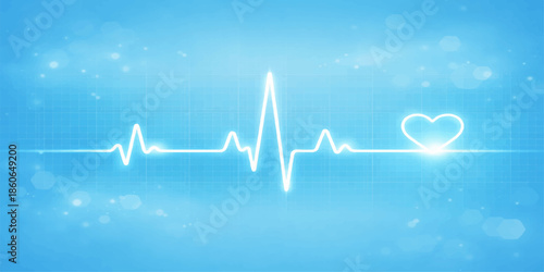 A green heart beat electrocardiogram wave on a medical monitor forms a healthy heart shape graphic to illustrate life rate and pulse health through a blue EKG cardiogram line