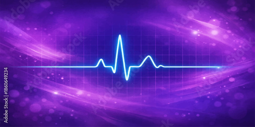 An abstract medical illustration displays a blue heartbeat line on an ECG monitor, showing a life-saving electrocardiogram pulse rate graph as a technology-driven cardiology health chart