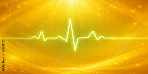 Abstract medical illustration of a green heartbeat wave on a cardiogram graph monitor showing a healthy ekg pulse line for an electrocardiogram test