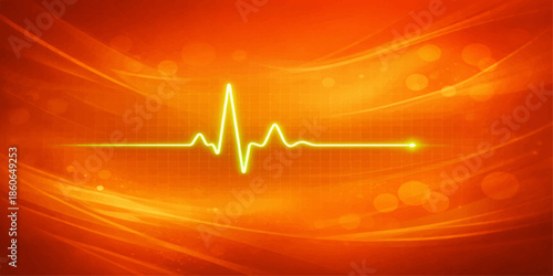 An abstract medical illustration featuring a blue cardiology monitor screen displaying a glowing pulse rate wave and life line heartbeat on a digital EKG electrocardiogram graph