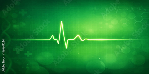 A green electrocardiogram wave pulses across a medical monitor screen, displaying a healthy heart rate graph through a digital EKG line vector for modern healthcare technology