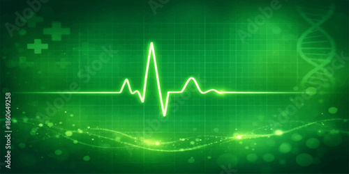 A medical green wave electrocardiogram line pulses across a digital monitor, illustrating a healthy heart rate beat on an EKG graph for healthcare and hospital medicine