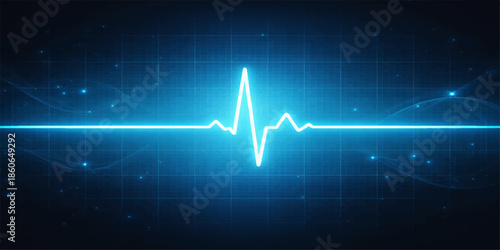 An abstract medical illustration featuring a blue technology screen where a glowing EKG heart rate pulse wave forms a graphic heart shape on a digital electrocardiogram monitor