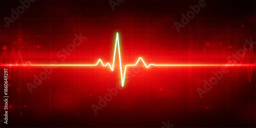 A medical illustration of a red heart beat cardiogram pulse line displaying a life-saving EKG electrocardiogram wave on a digital hospital monitor screen for health technology