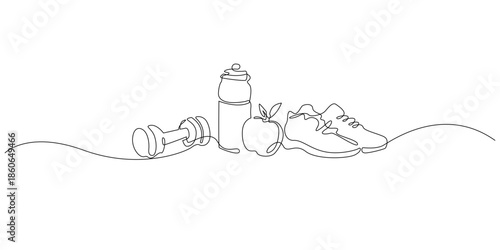 Hand drawn line illustration depicting fitness equipment including dumbbells, water bottles, apples, and running shoes. Continuous single line style for healthy lifestyle, sports, and fitness concepts