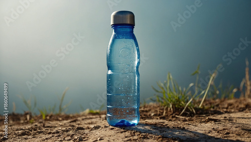 Reusable Blue Water Bottle on the Ground Outdoors, Hydration and Sustainable Living in Nature