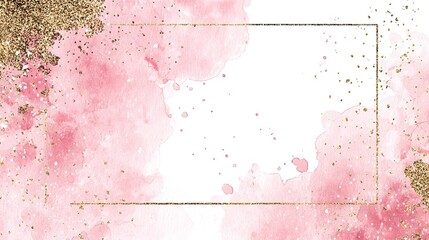 Soft pink watercolor splashes with gold glitter and a blank frame.