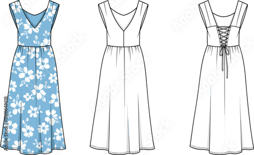 Women sleeveless floral maxi dress vector illustration set, V-neck summer dress with lace-up back fashion design
