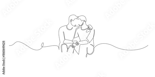 Hand drawn line illustration of two men embracing affectionately, drawn in a continuous single line style for love, equality, and relationship concepts.