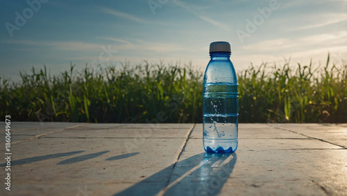 Plastic Blue Water Bottle Standing on a Stone Pavement at Sunset, Refreshing Drink in Outdoor Setting