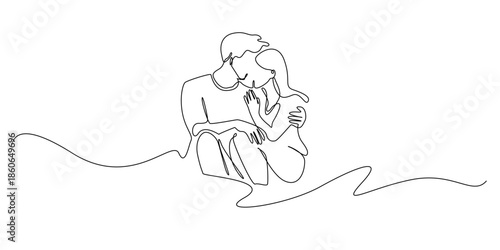 Hand drawn line illustration of a man and woman sitting together affectionately, drawn in a continuous single line style for love and relationship concepts.