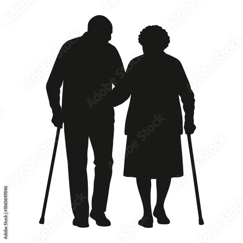Silhouette of a Caregiver Assisting an Elderly Man with a Walking Cane for Support